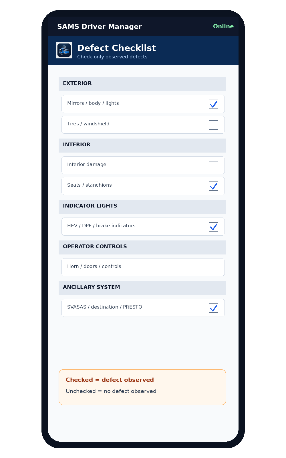 Defect checklist