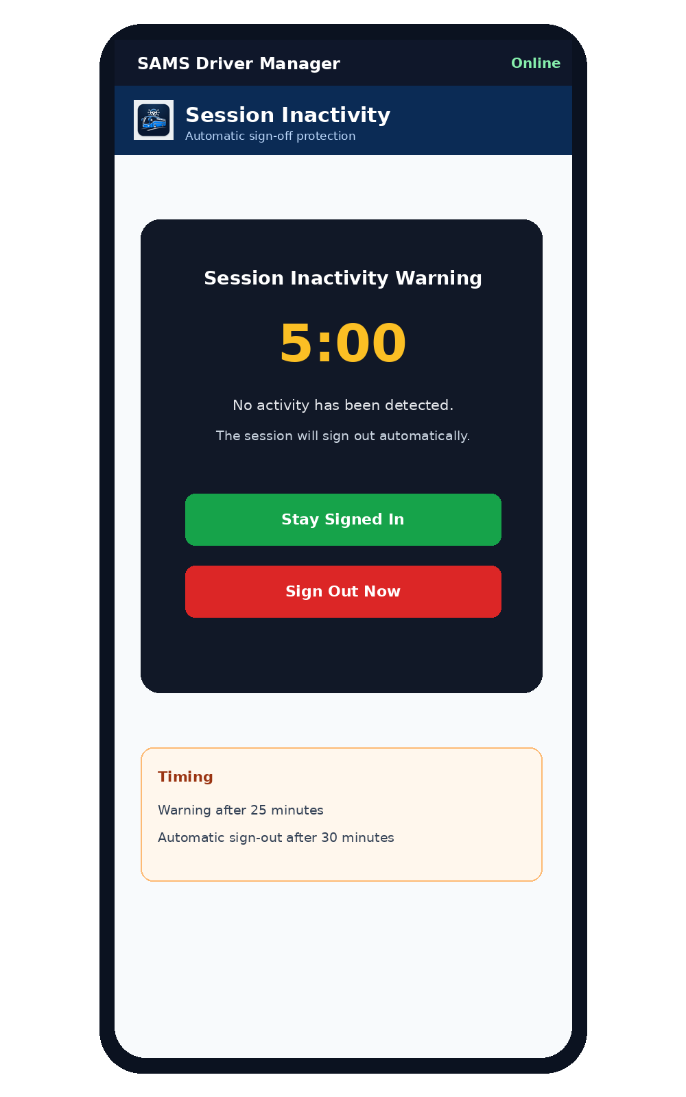 Inactivity warning and automatic sign-out