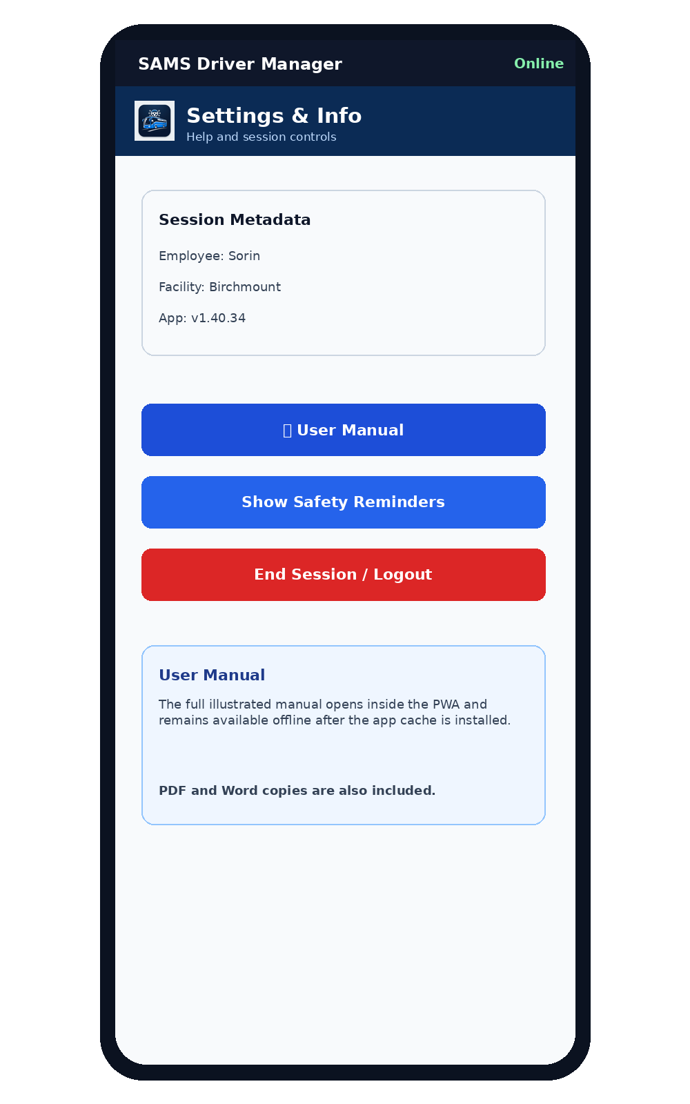 Settings and in-app User Manual